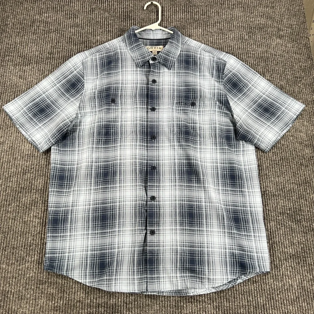 Orvis Shirt Mens Large Blue Plaid Short Sleeve Button Up‎ Performance Outdoor